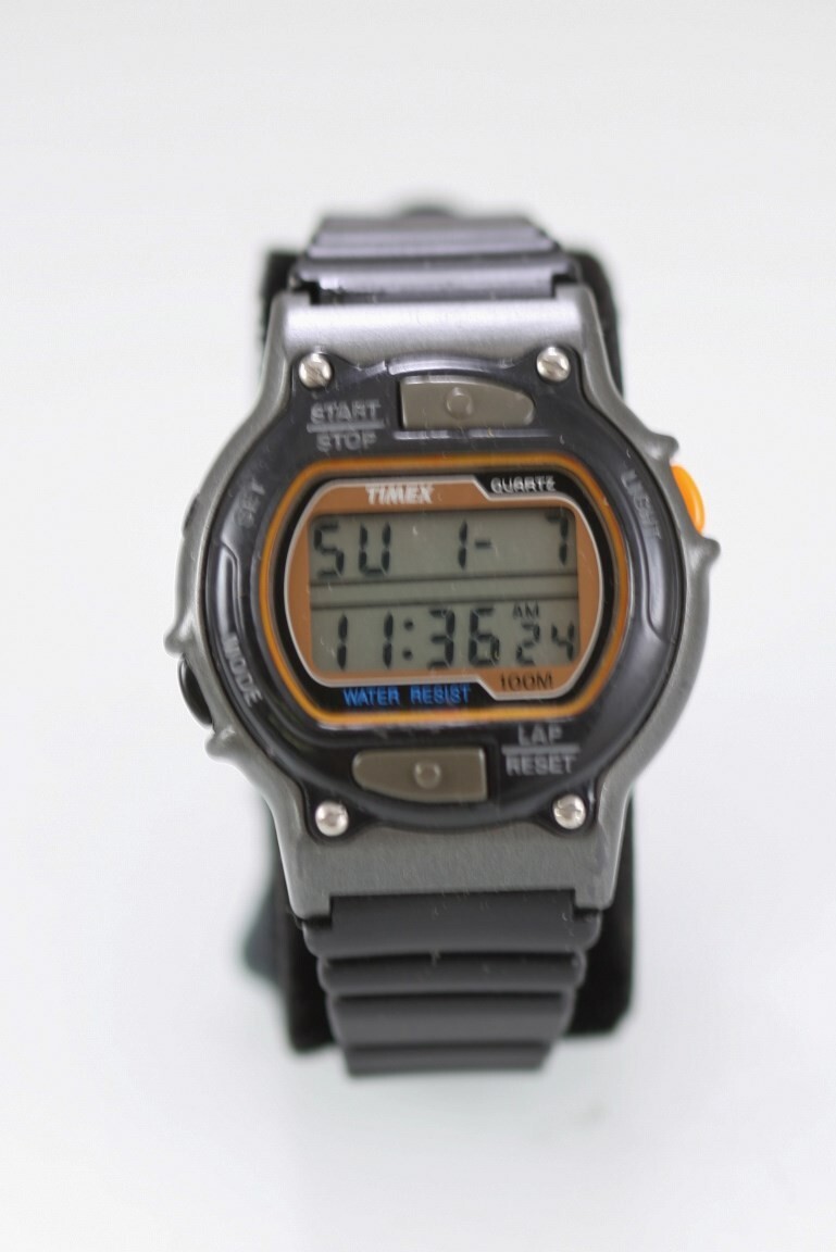 Timex Watch Women/Youth Gray Black Plastic 100m Chron Alarm Date Battery Quartz