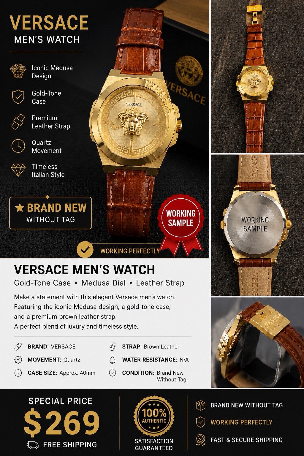 Versace Men’s Quartz Watch Gold Dial/Case Brown Leather Strap 40mm