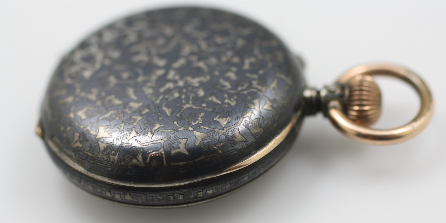 Antique Vintage Longines silver niello pocket watch gold filled accents