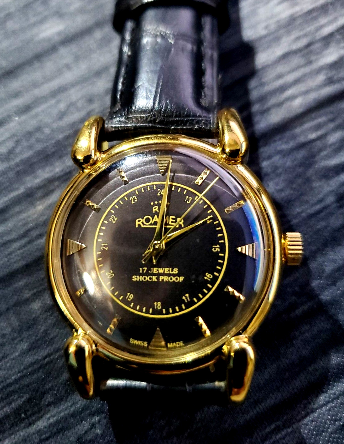 RARE Roamer Shock Proof Mechanical Swiss Watch Restored Serviced GLD-BLK-BLK
