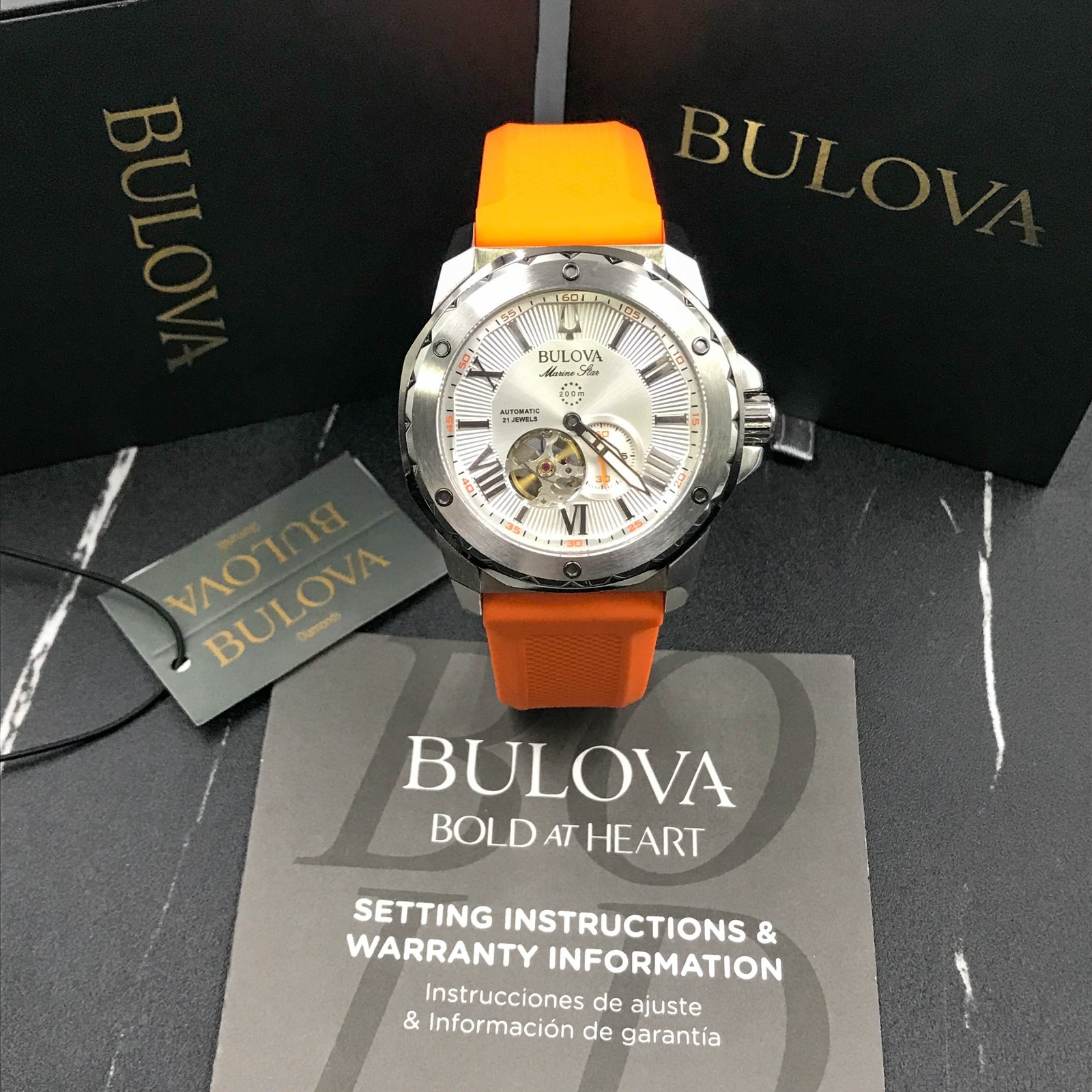 Bulova Marine Star 98A226 Automatic Men’s Silver Dial Orange Rubber Strap Watch