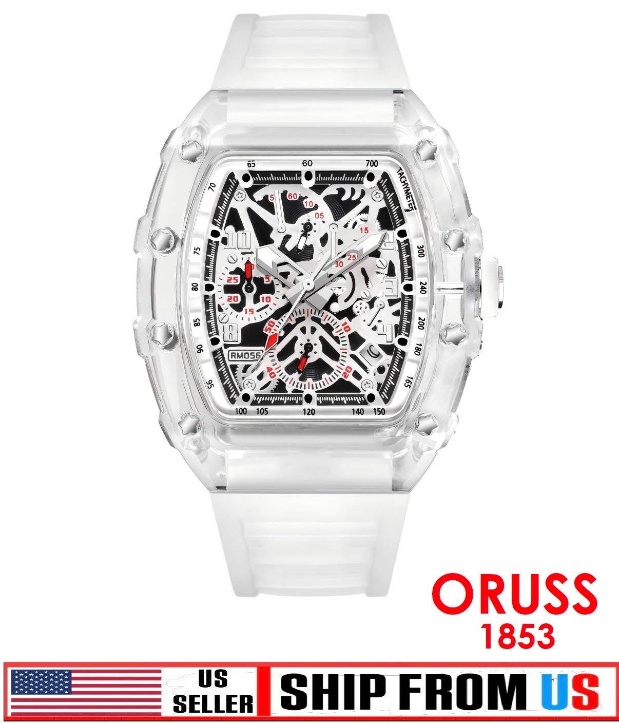 ORUSS 1853 RM-056 MENS CLEAR BLACK SKELETON DIAL 43.5MM QUARTZ WATCH NWT