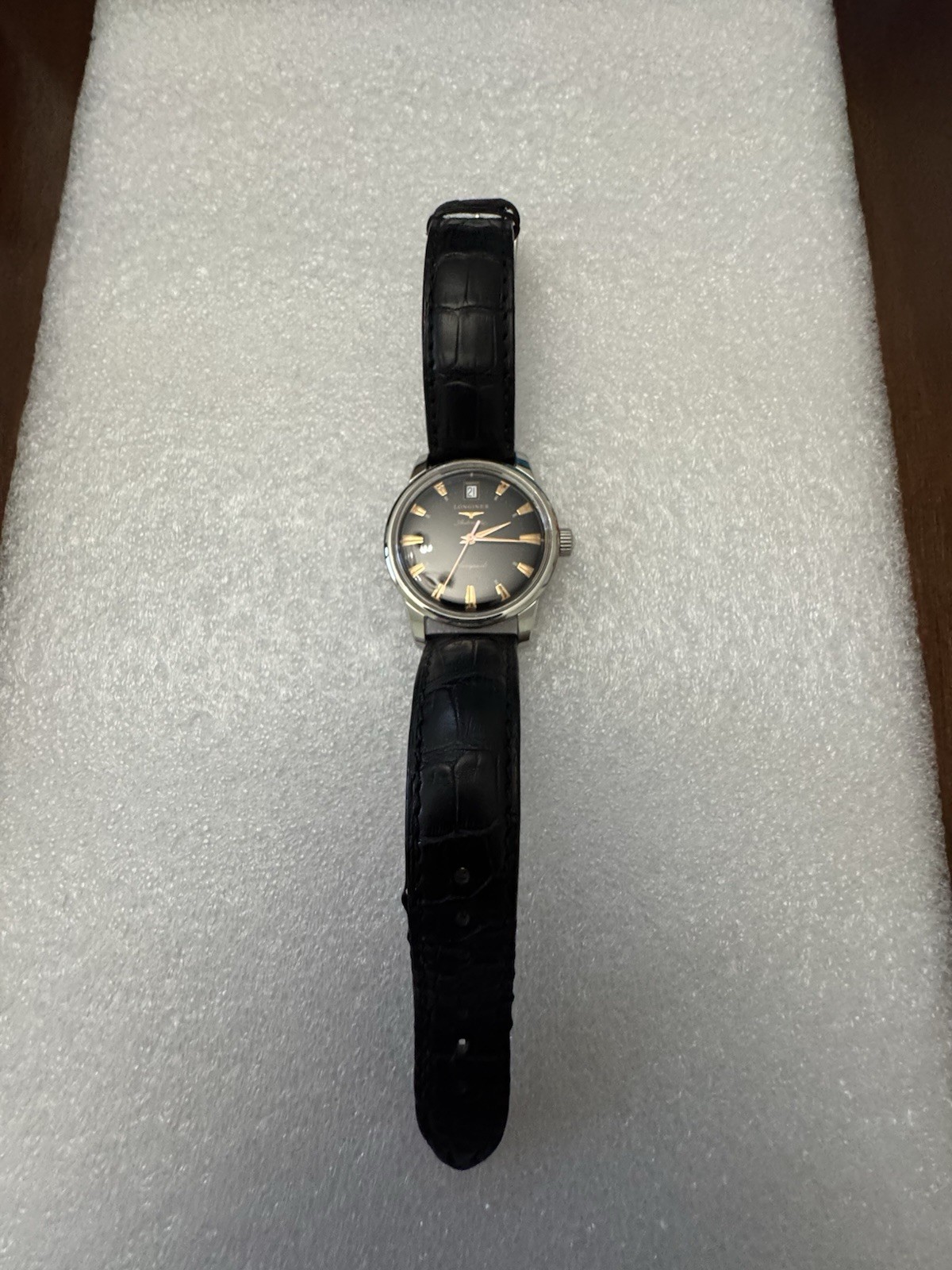 Longines Conquest Automatic Black Dial Date Alligator Leather Strap Watch