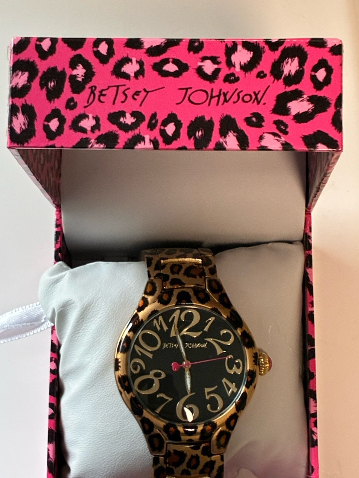 Betsey Johnson Leopard Watch Crystal Bezel Pink Print Case Heart Hand