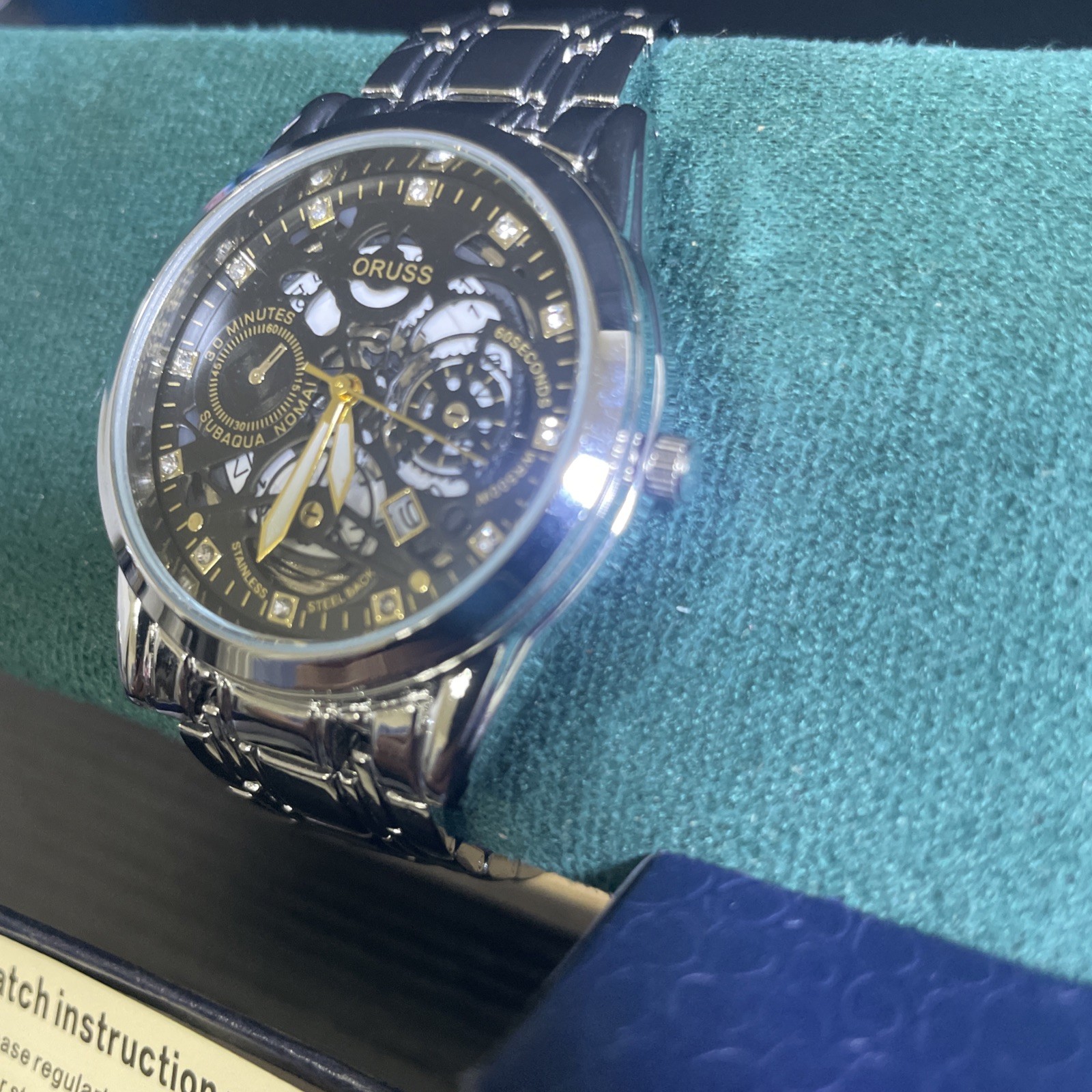 ORUSS 1853 Men’s Multifunction Watch Black Gold Dial Bracelet Box Working
