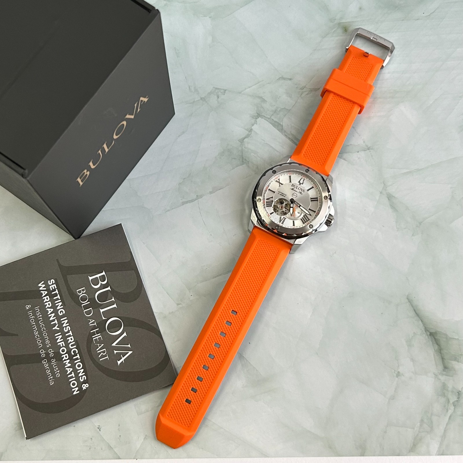 Bulova Marine Star 98A226 White Dial Orange Rubber Strap Men Automatic Watch45MM