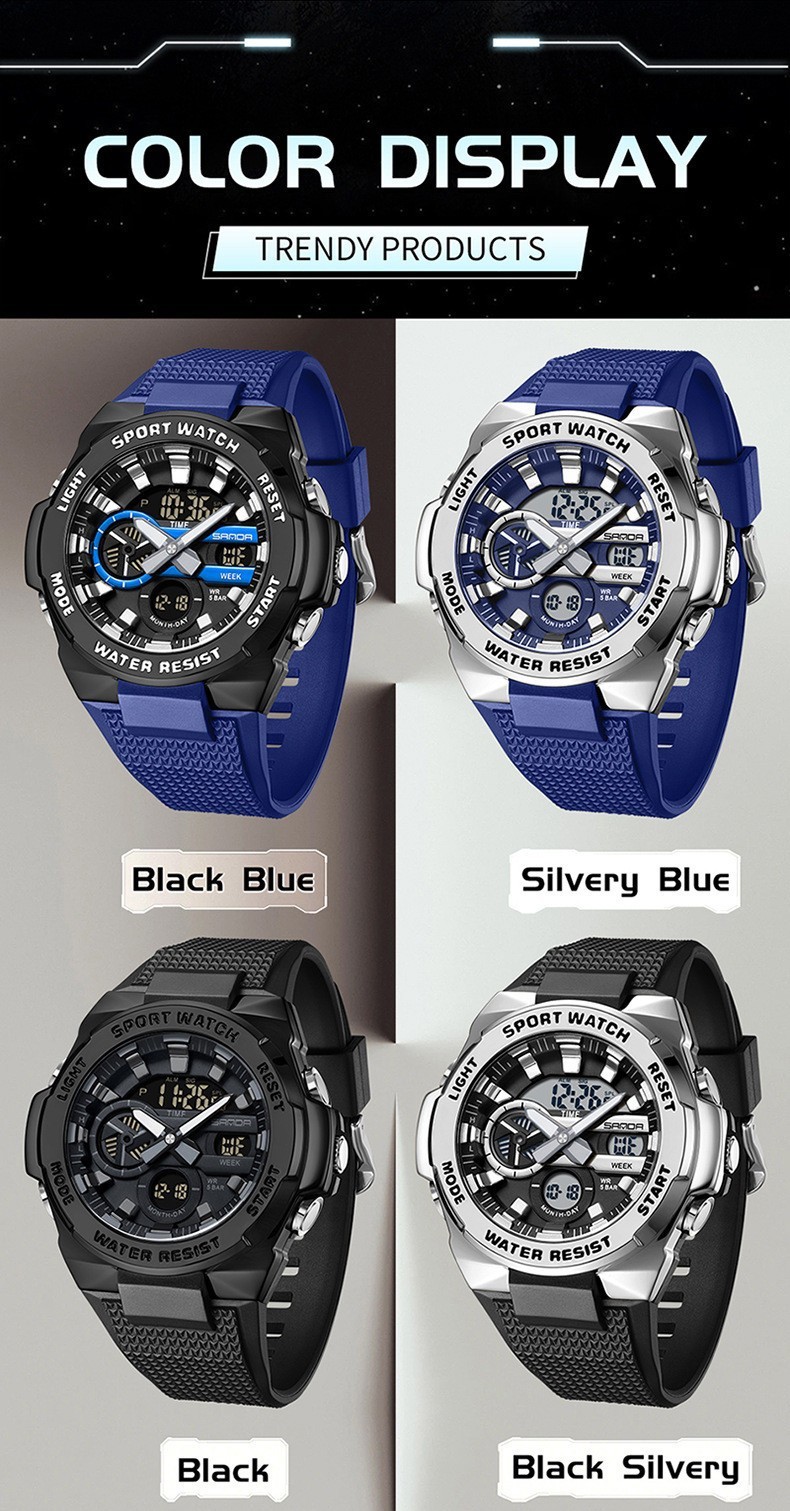 Dual display dial multifunctional sports style luminous quartz waterproof watch