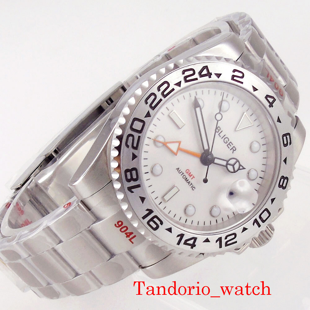 40mm Bliger White Dial GMT Automatic Mens Watch Sapphire Glass Oyster Strap Date
