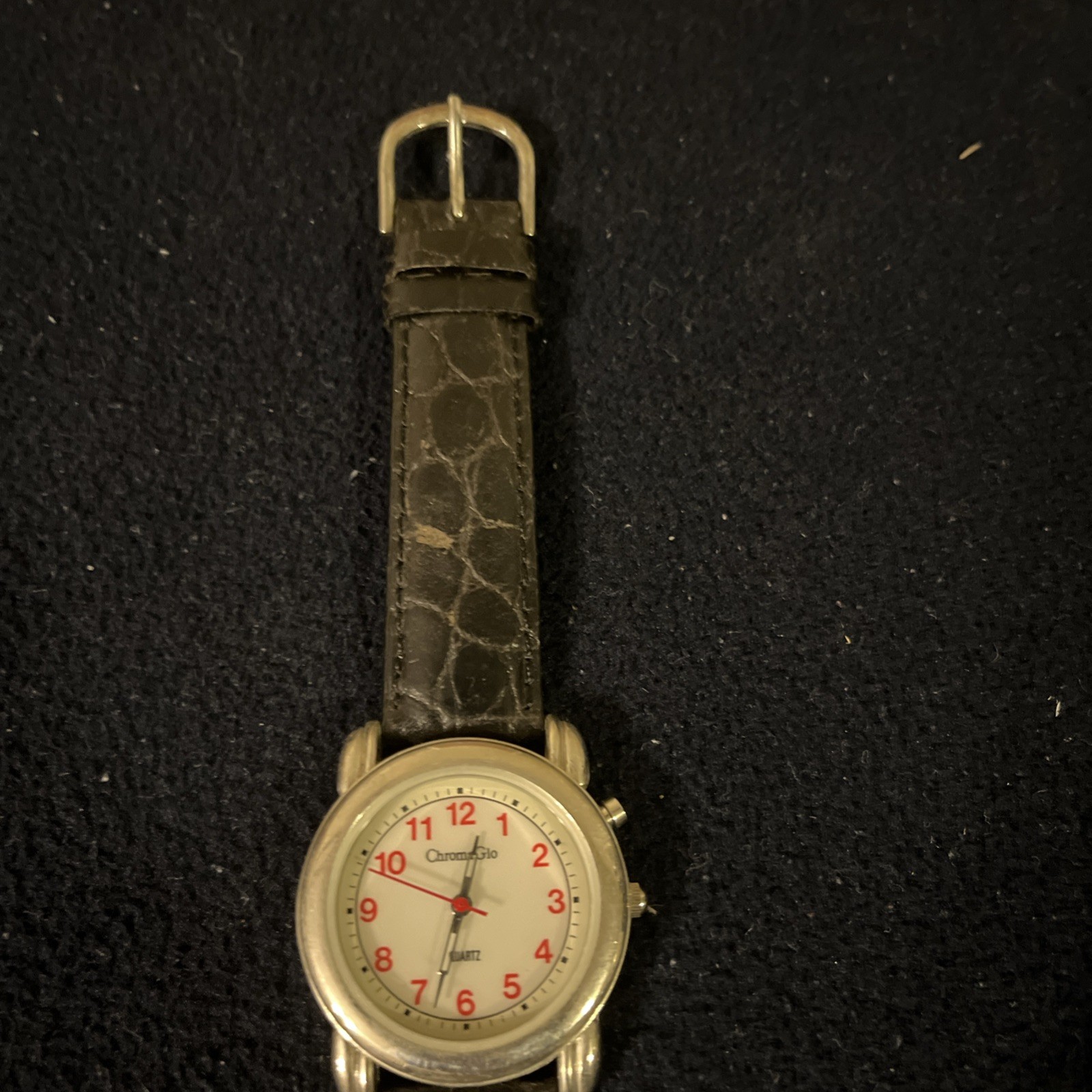 ChromaGlo Watch – Used – Round Face – Blk Leather Alligator Band – Battery Dead