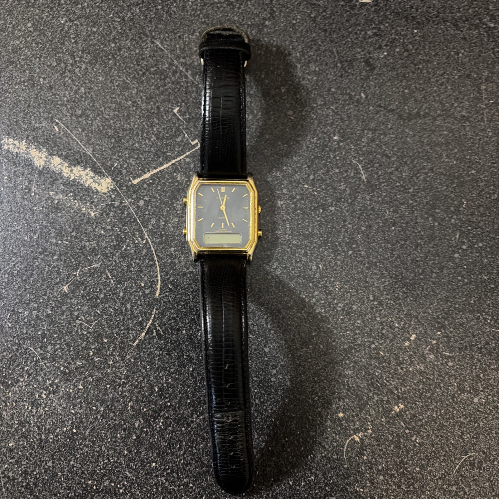 Vintage CITIZEN C480-314379 Ana-Digi Tank Watch Gold Tone Leather Strap