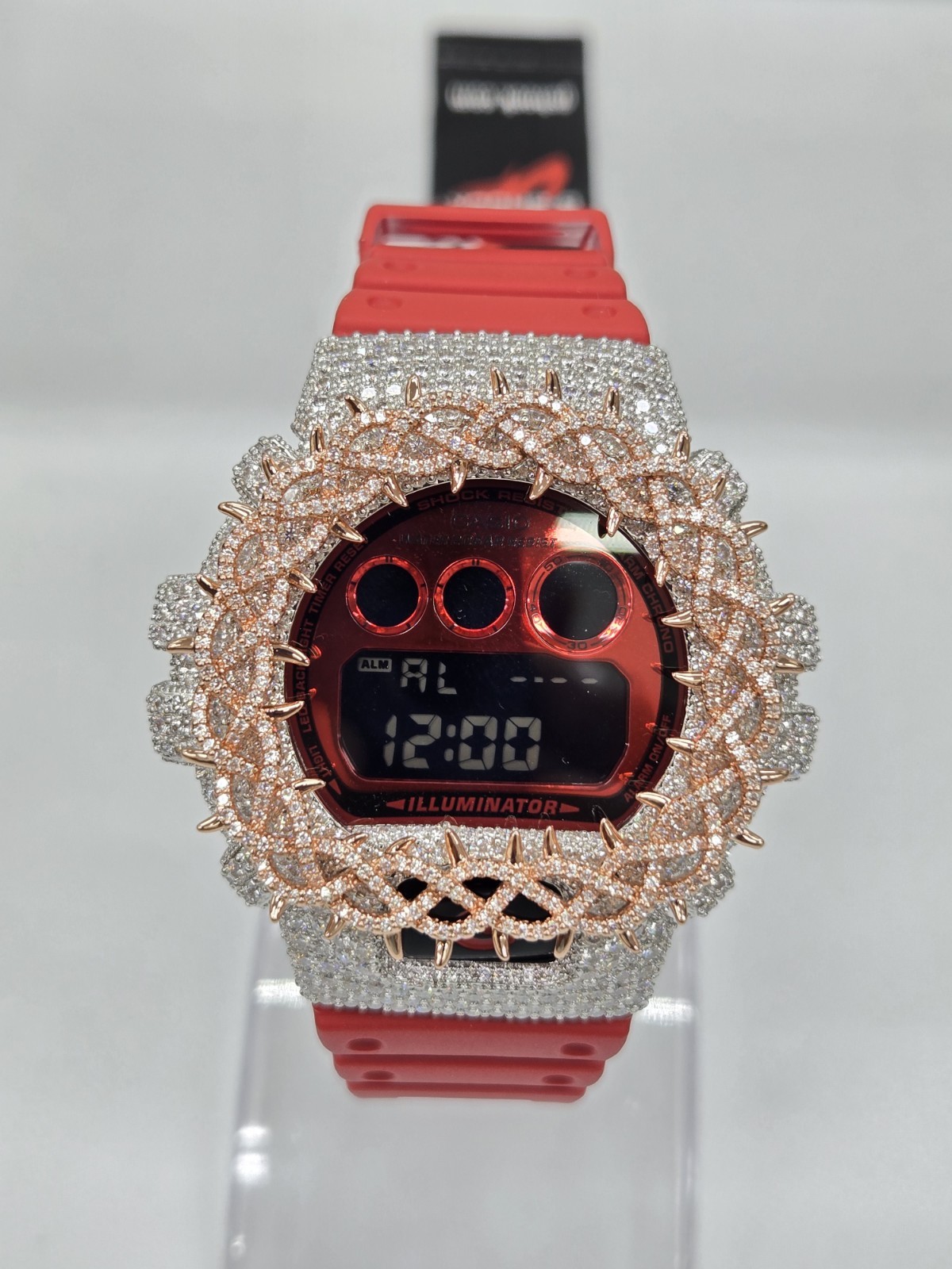 Casio G-Shock Watch Moissanite Rhd-Rose Gold GSpiked Bezel, Red Band, New.