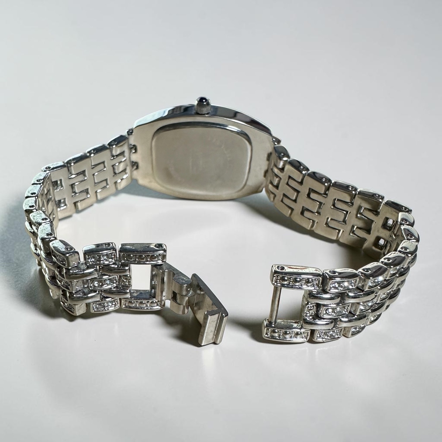 Nolan Miller Womens Silver Tone Rhinestone Bracelet Watch 6-1/4”