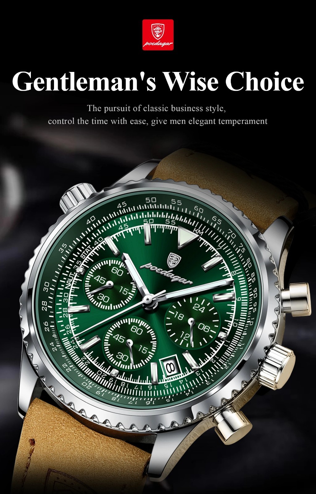 POEDAGAR Luxury Men Quartz Watch Waterproof Chronograph Leather Best Gift