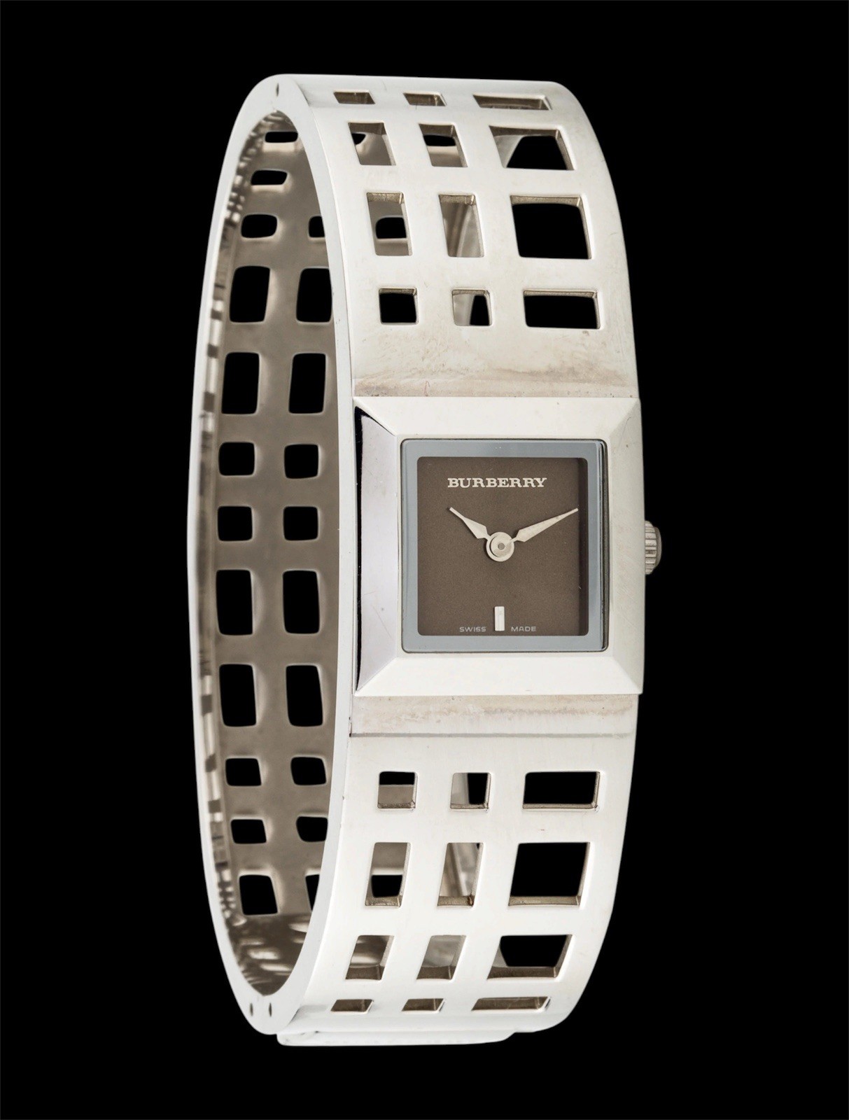 Burberry Silver Tone Beige Dial Womens Swiss Made Bangle Dress Watch No box.