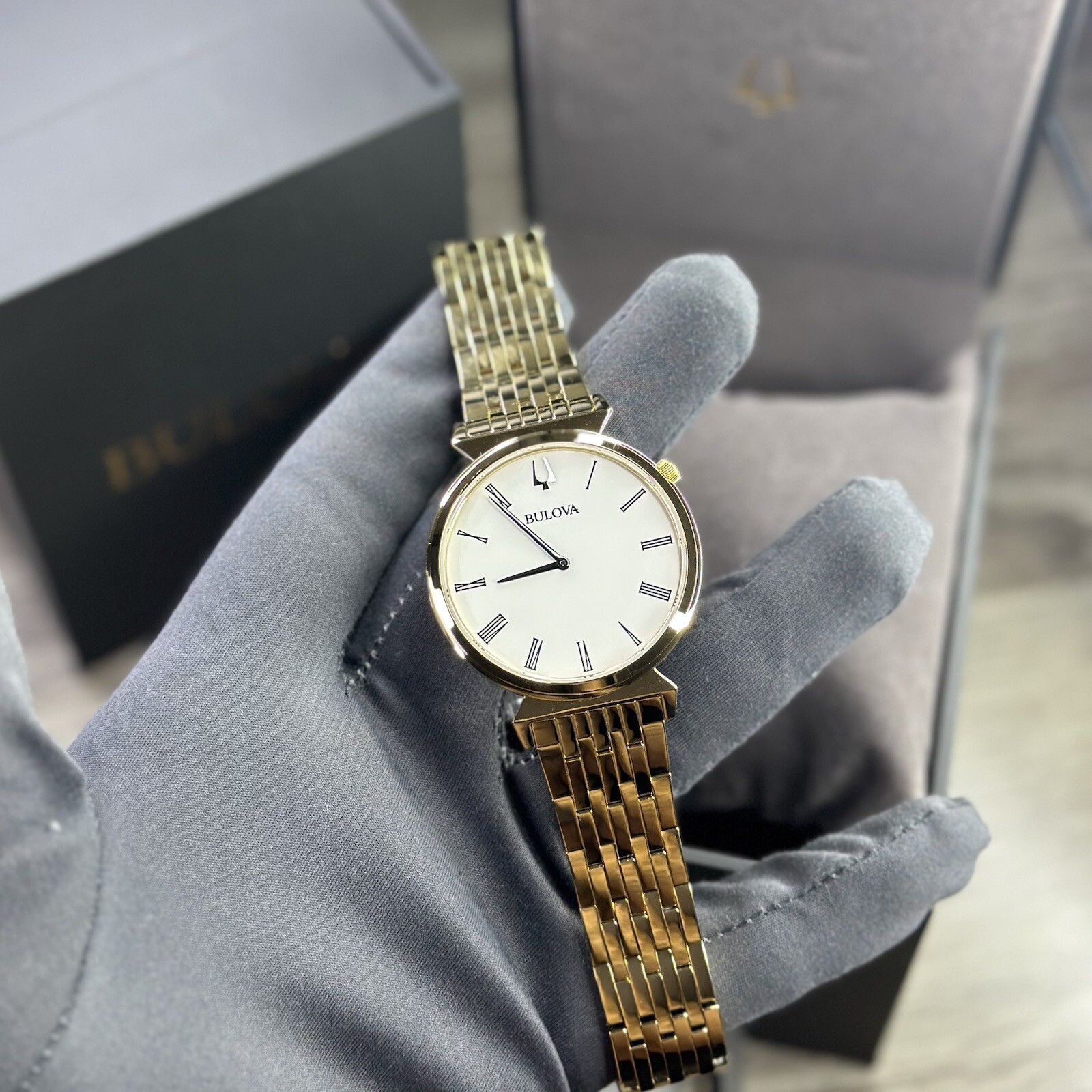 NEW✅SLIM✅ Bulova Regatta Gold Stainless Steel Roman Numerals Men’s Watch 97A153