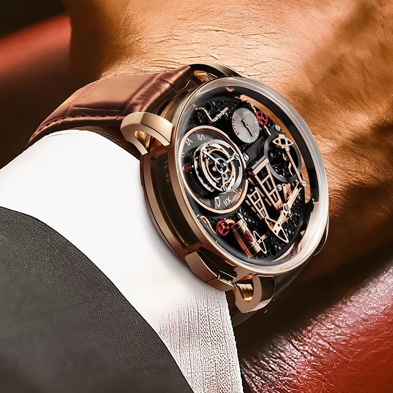 PINDU Oil Pump Quartz Watch 45mm Bobbing Pump Push Button Sapphire Leather 5Bar
