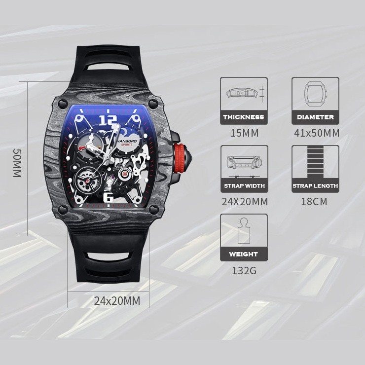 HANBORO Men Automatic Watch Tonneau Mechanical Wristwatch Sapphire Carbon Fiber