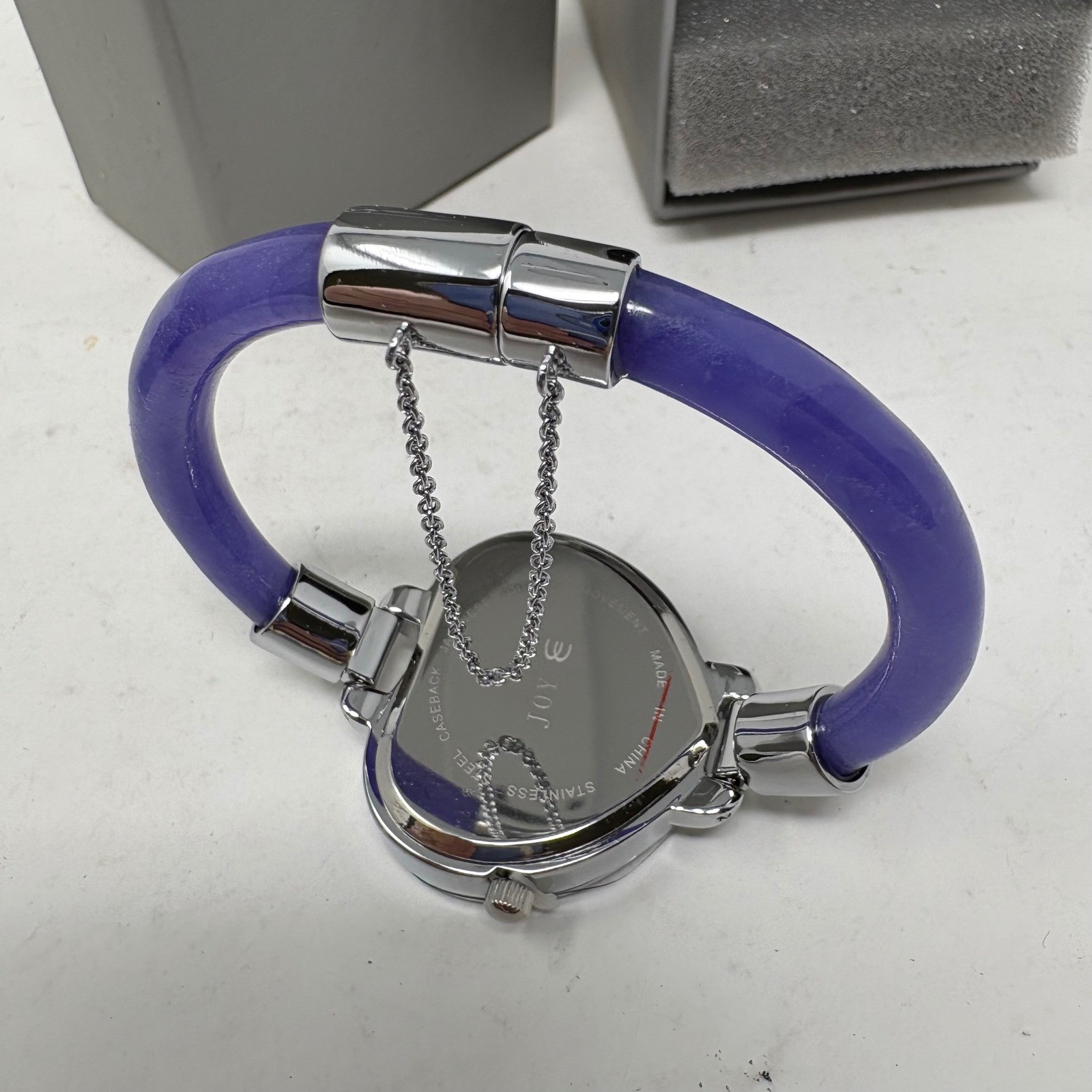 Joy Mangano Purple Heart Bangle Watch Silver Tone Magnetic Clasp Safety Chain