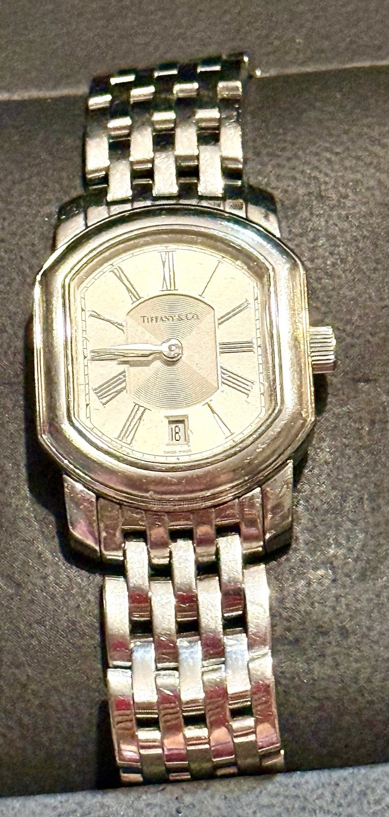 Tiffany & Co Atlas Mark Coupe Resonator Ladies Date Watch SS Guilloche Box Paprs