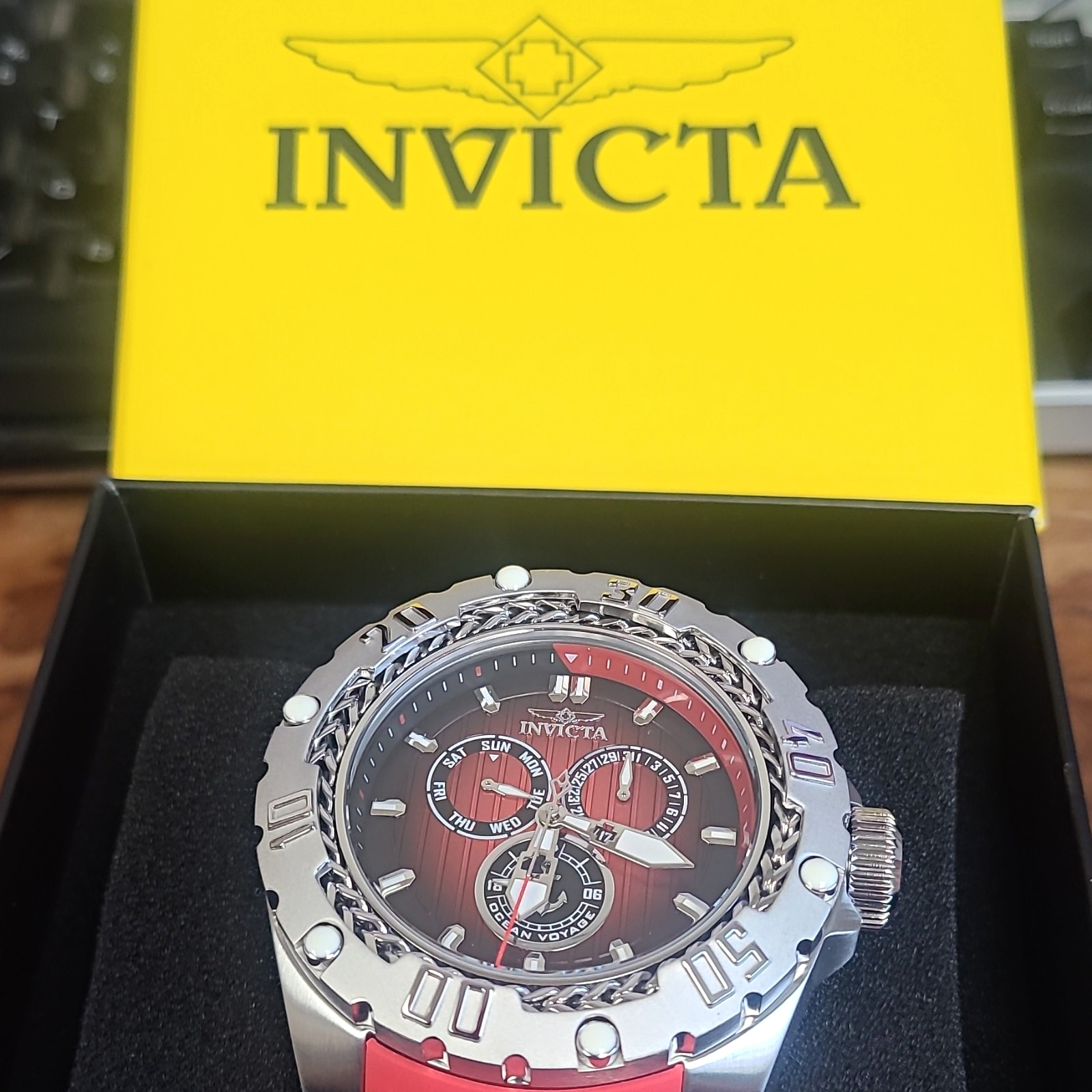 Invicta Ocean Voyage Men’s Watch 51.5mm SS Red/Black Dial Red Strap 100m Water