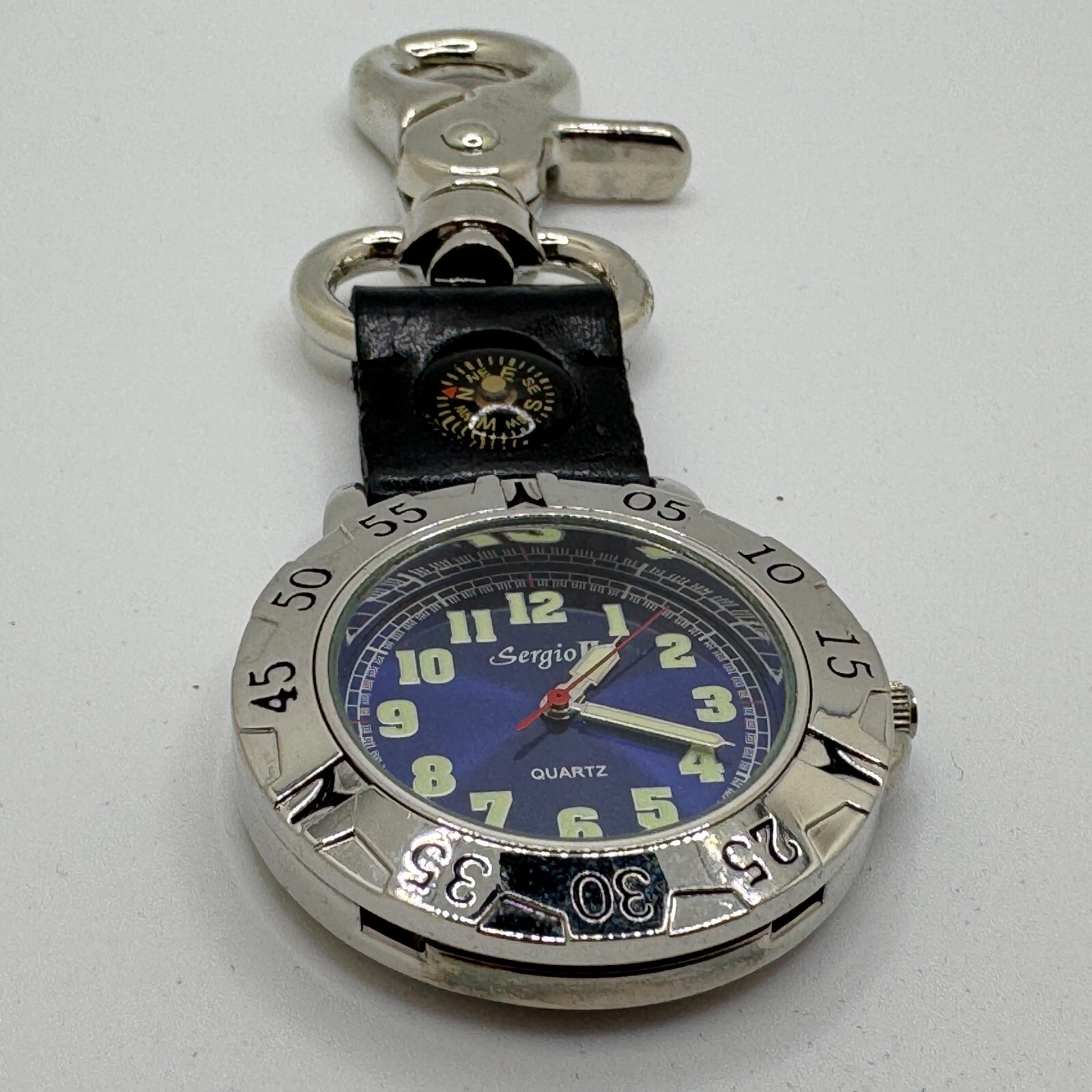 Sergio II Quartz Pocket Watch Men Silver Blue Rotating Bezel Snap-on New Battery