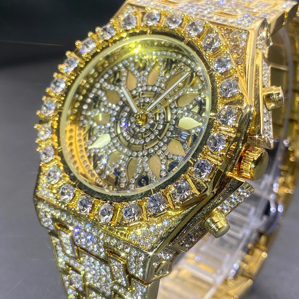 Arabic Luxury Hip Hop Custom Bling Ice out Men Watch Gold Iced Simulated Diamond