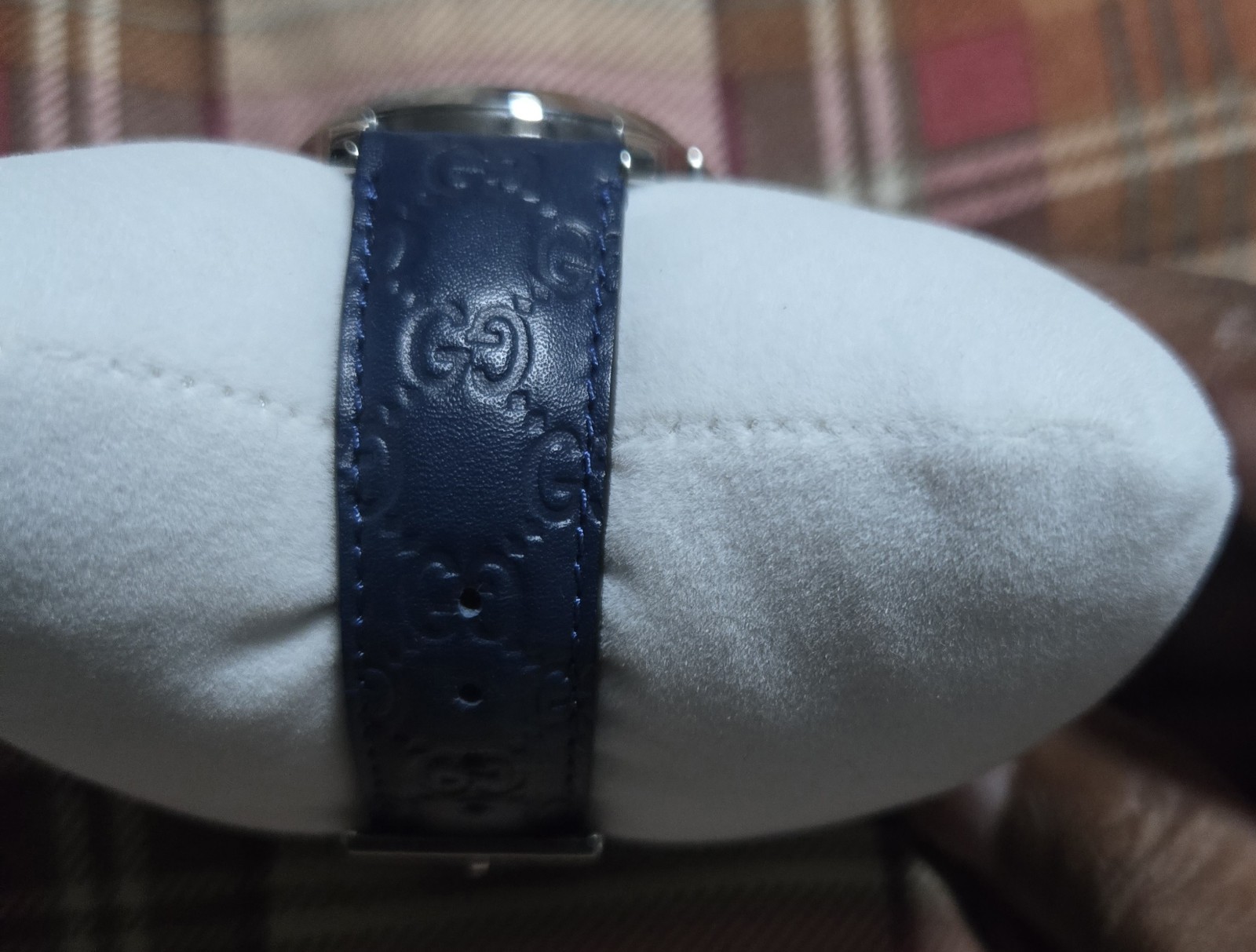 Gucci G-Timeless Swiss Made Quartz Blue Dial GG Leather Strap Watch w/ Box