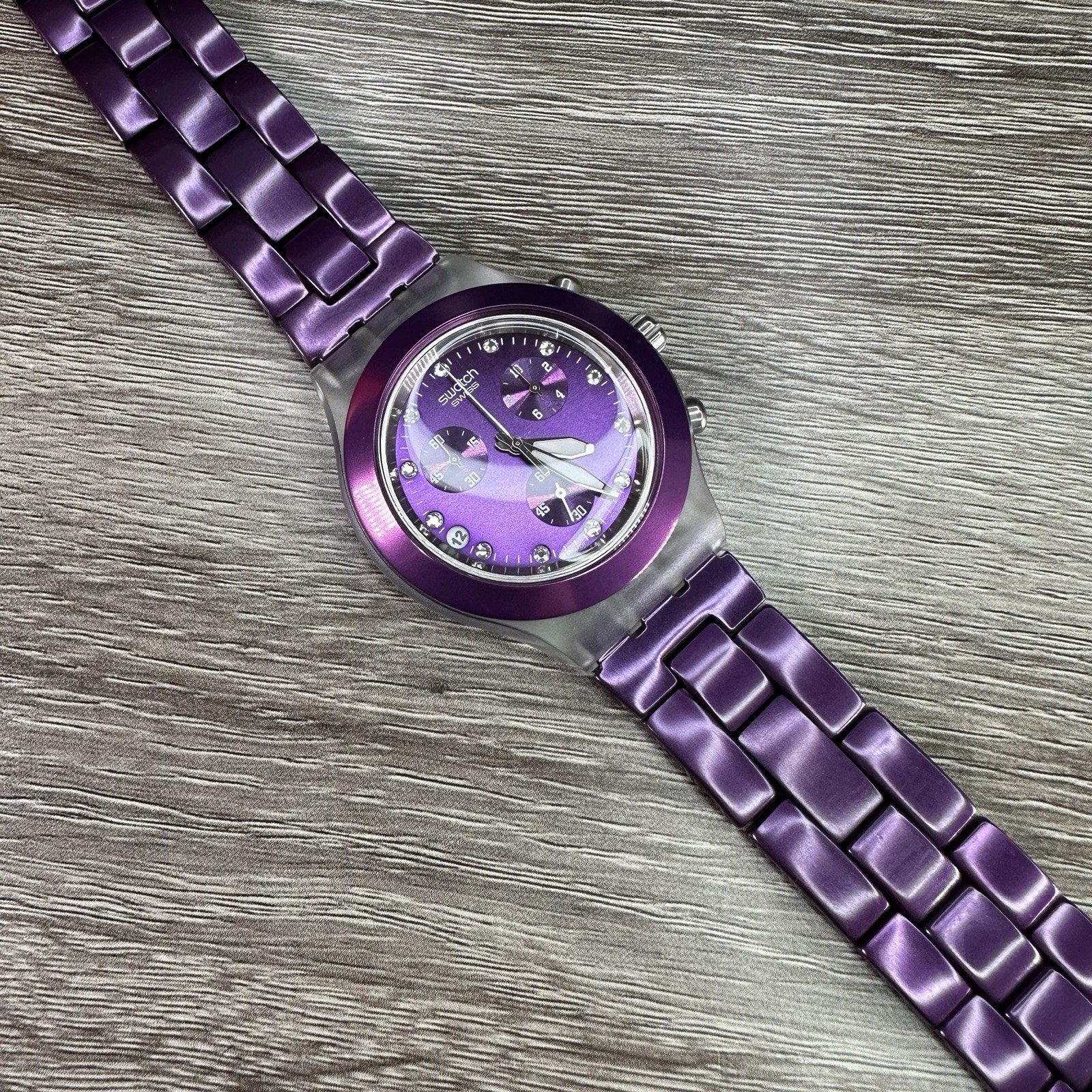 NEW✅ SWATCH IRONY FULL BLOODED PURPLE CHRONO ALUMINUM 43MM WATCH SVCK4048