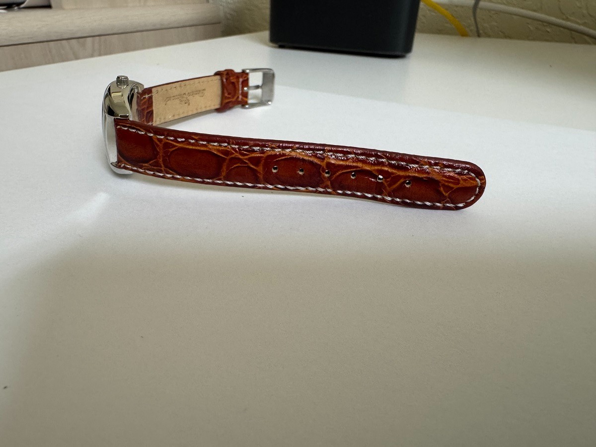 NOS Ladies Lucien Piccard Tonneau shape brown band watch