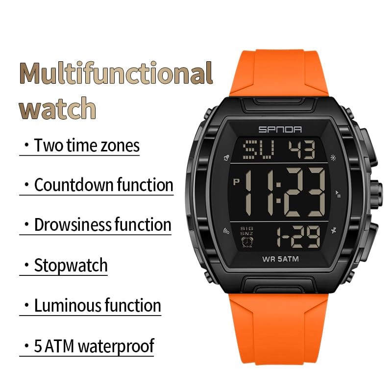 Luxury Men’s Digital Watch Tonneau Shape Dual Time 5ATM Waterproof Countdown …