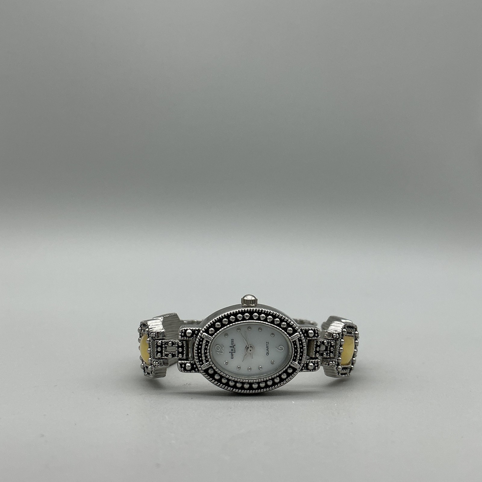 Express Womens Watch 17mm Marcasite Silver Tone Yellow Inlay New Battery 7.25″