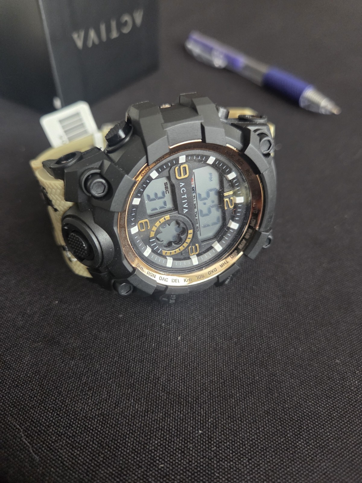 Activa Multi Function Sport Watch Analog/Digital Black/Gold Beige Resin Strap