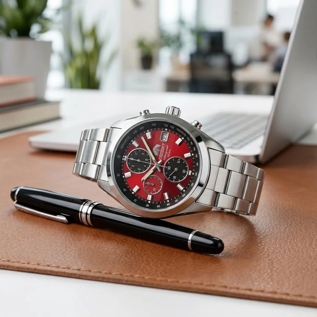 Orient Watch Men Chronograph Red Dial Stainless Steel Band Luxury Birthday Gift