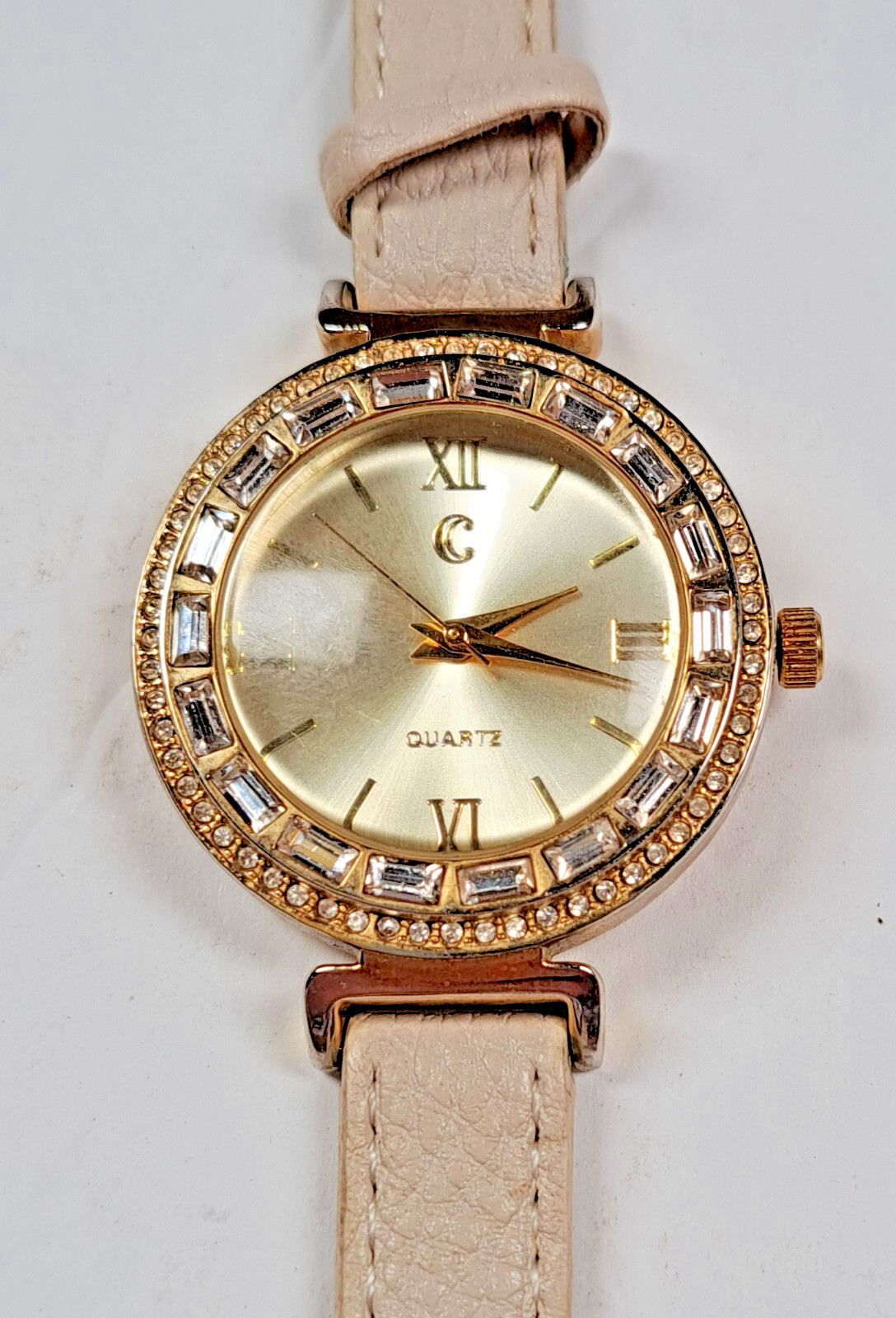 Charming Charlie Women’s 9″ Goldtone Gemmed Watch Beige Band New Battery