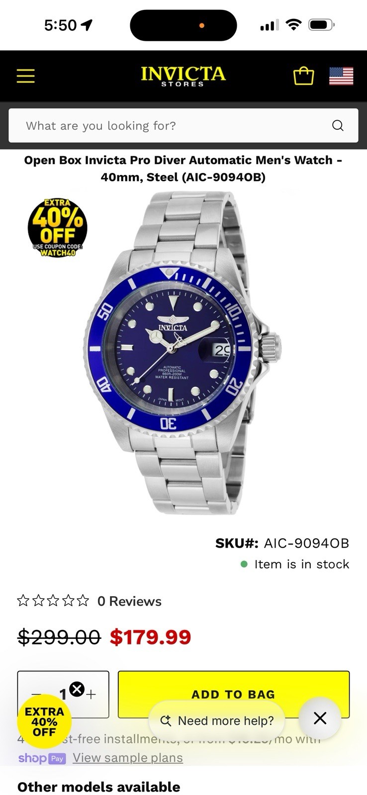 Invicta Pro Diver Automatic Men’s Watch-44mm, Steel