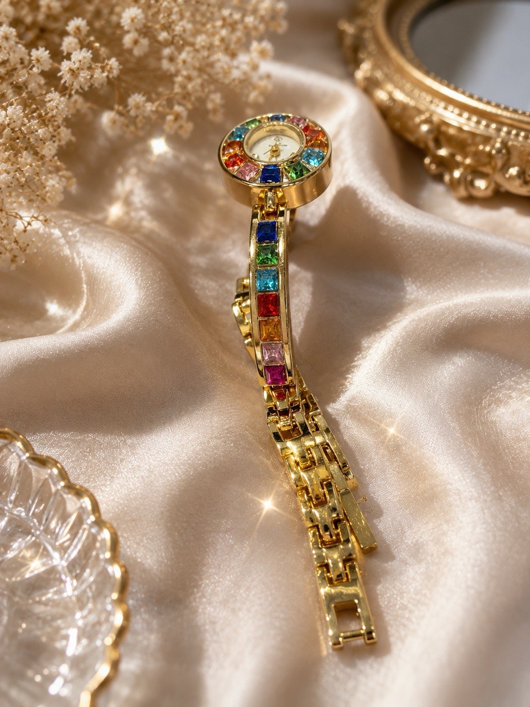 Women’s Quartz Analog Dress Watch Gold Tone Metal Bracelet Multicolor Bezel