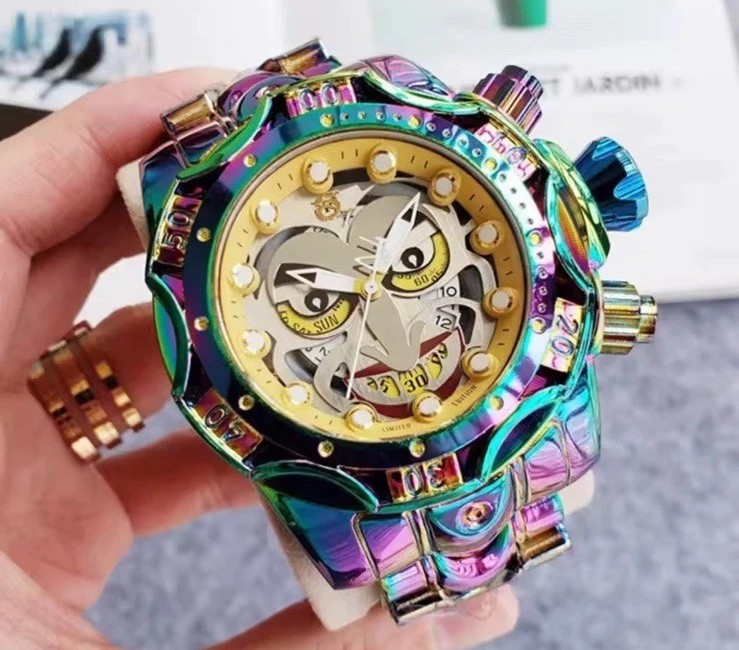 Luxury Joker Style Clown Face Oversized Stainless Steel Watch Iridescent Color