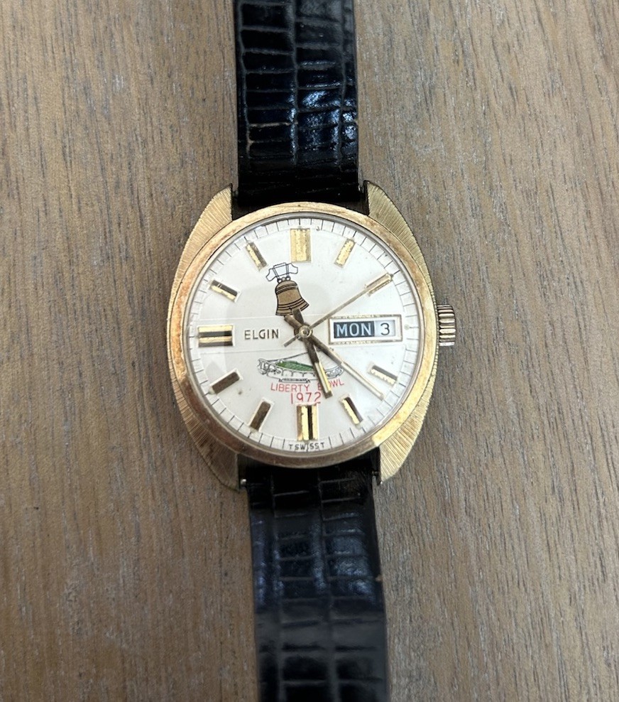 Elgin Player Issued Liberty Bowl 1972 Gold Case Black Leather Men’s Wristwatch