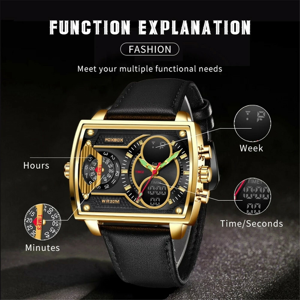 KC LIGE FOXBOX Men LED Wrist Watch Rectangle Dial Business Male Quartz Digital