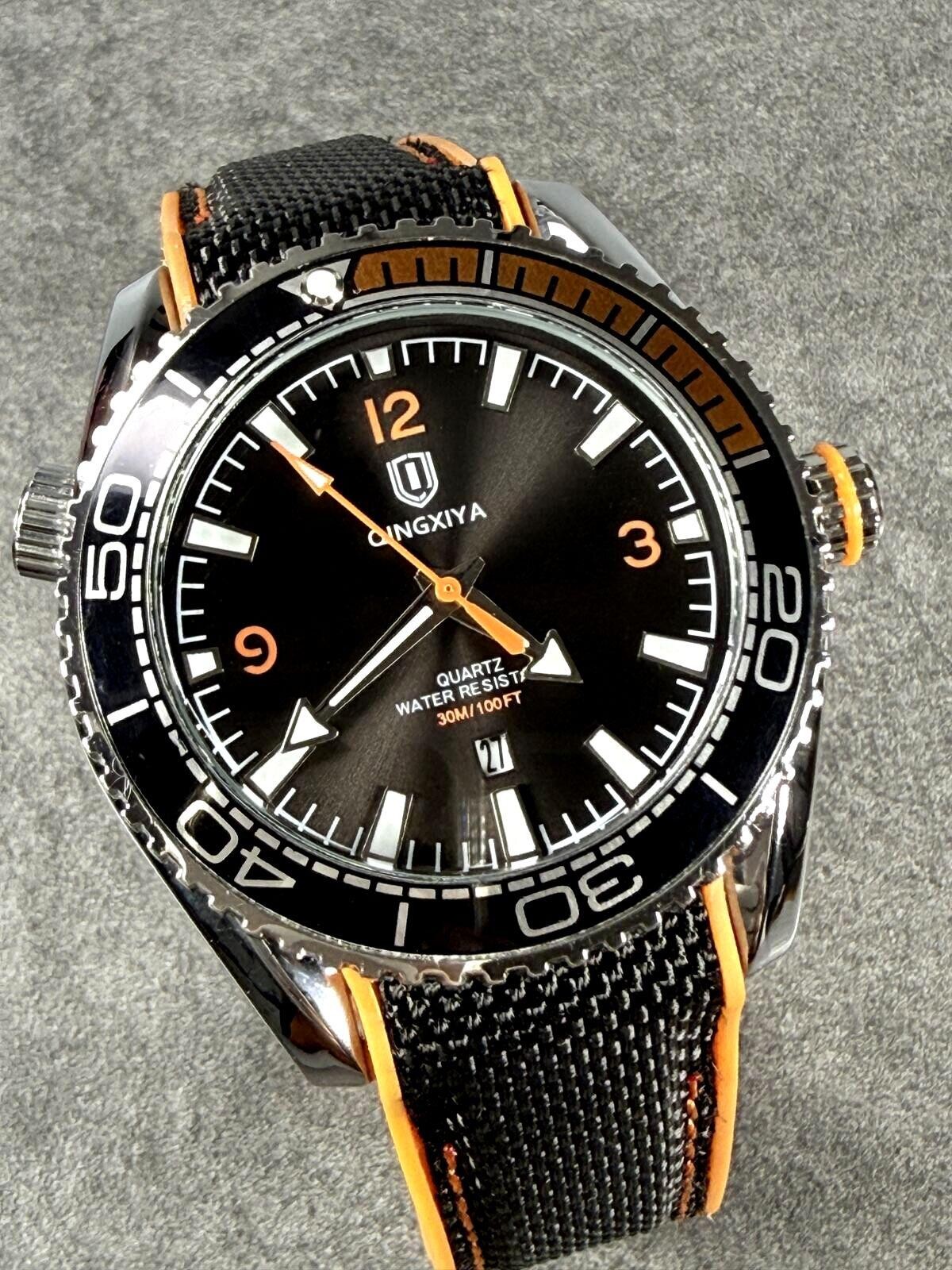 QINGXIYA 6690 Diver Style Watch 45mm Quartz Black Orange Date Mint