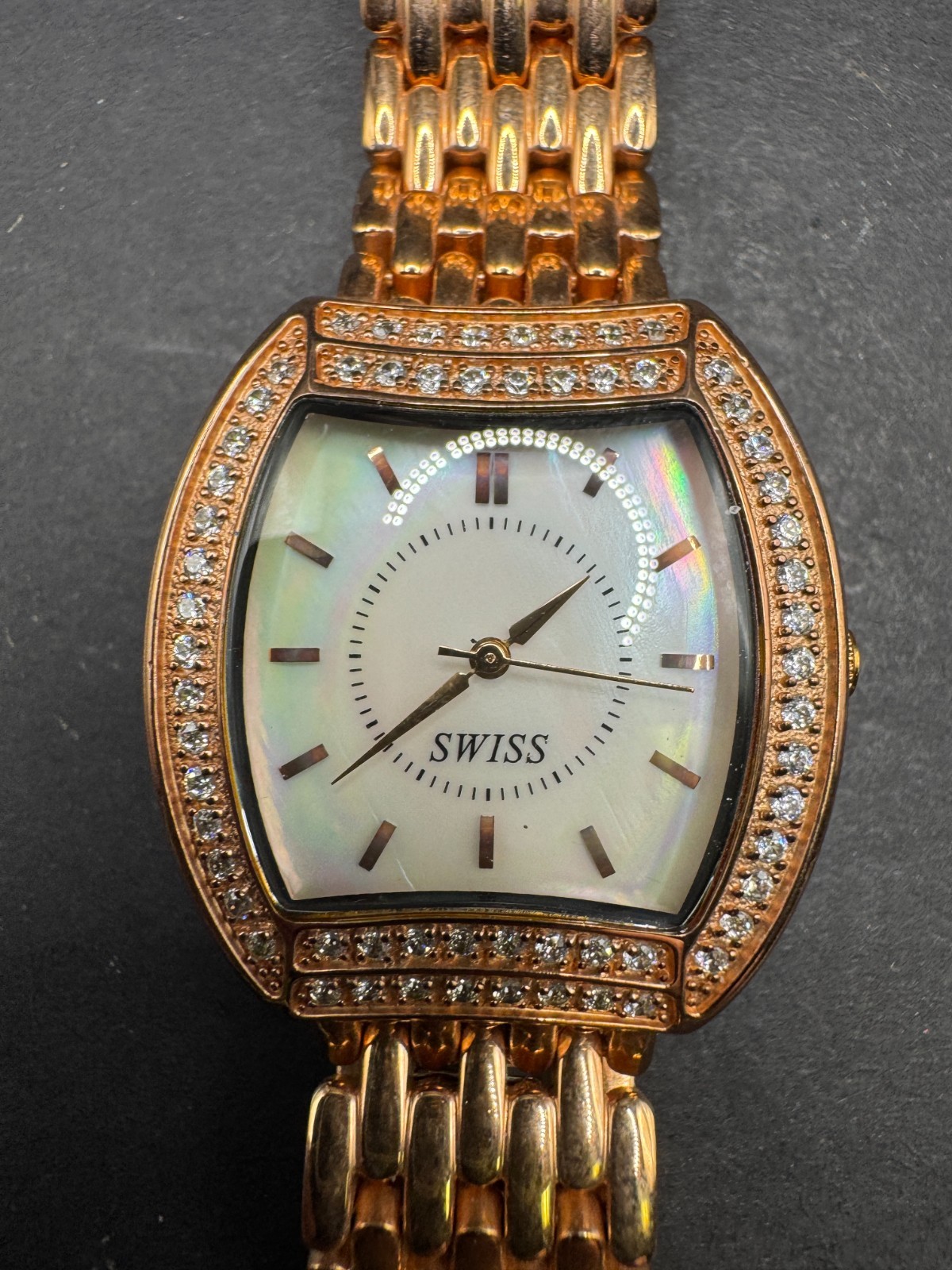 Diamonique(R) Tonneau-Shape Rose Gold Tone MOP Dial Watch Swiss Movement 30MM