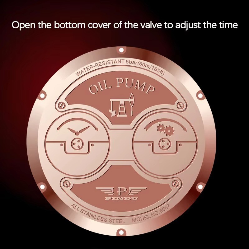 PINDU Oil Pump Quartz Watch 45mm Bobbing Pump Push Button Sapphire Leather 5Bar