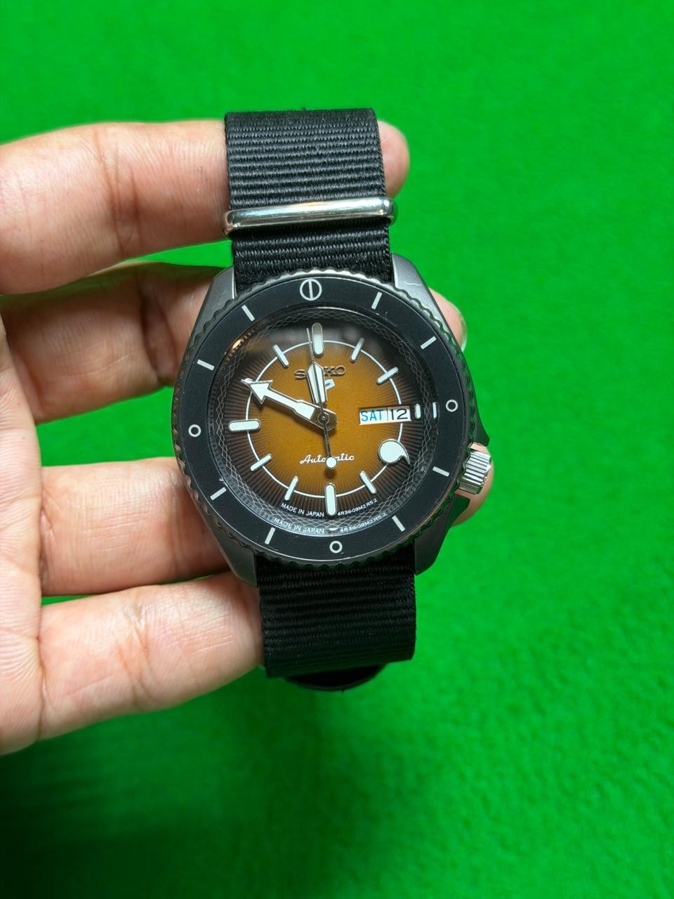 Seiko Automatic Men’s Watch Brown Dial Black Case NATO Strap Day Date