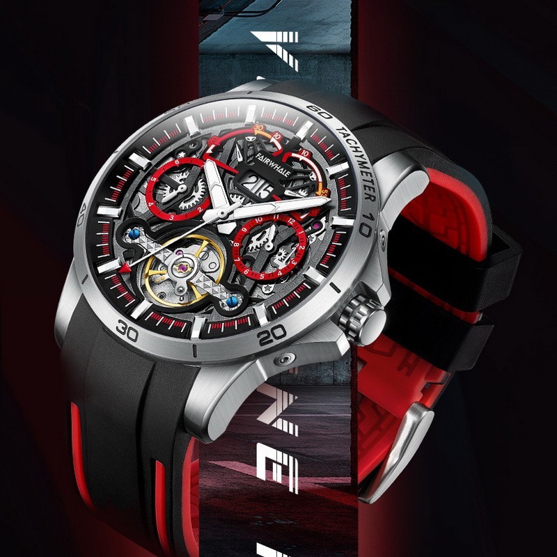 MARK FAIRWHALE Men Tonneau Multifunction Tourbillon Mechanical Automatic Watch
