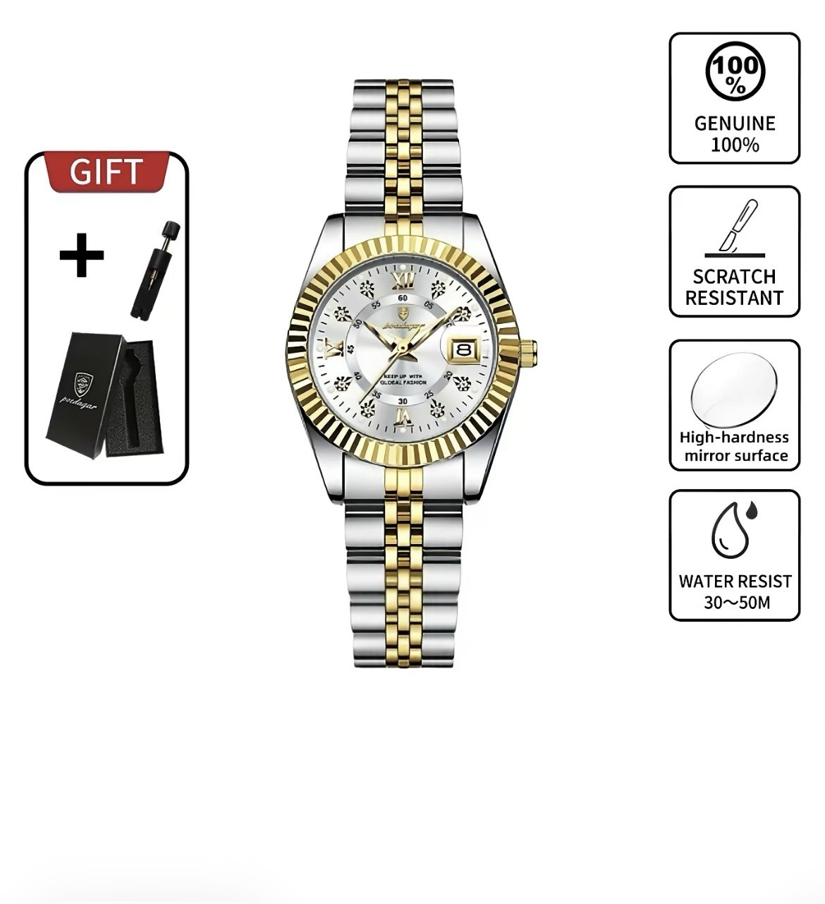 POEDAGAR 780 Men’s Quartz Two-Tone Stainless Watch 30m Luminous Roman Dial