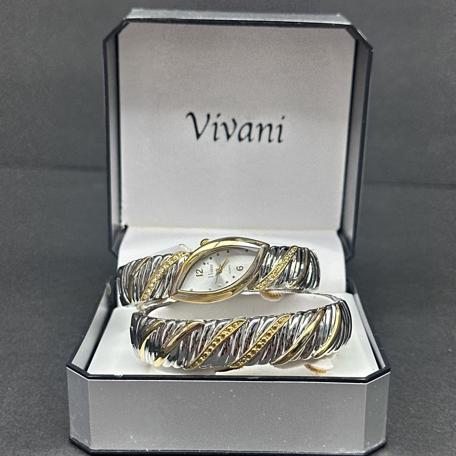 Vivani Ladies Watch Bangle Bracelet Set Silvertone Goldtone Rhinestone NIB NOS