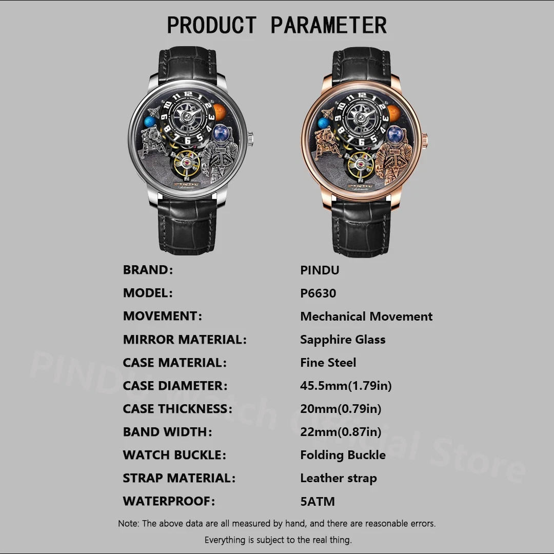🔥PINDU Men’s Automatic Watch 45.5mm Steel Sapphire 30M PD6630 Silver Black