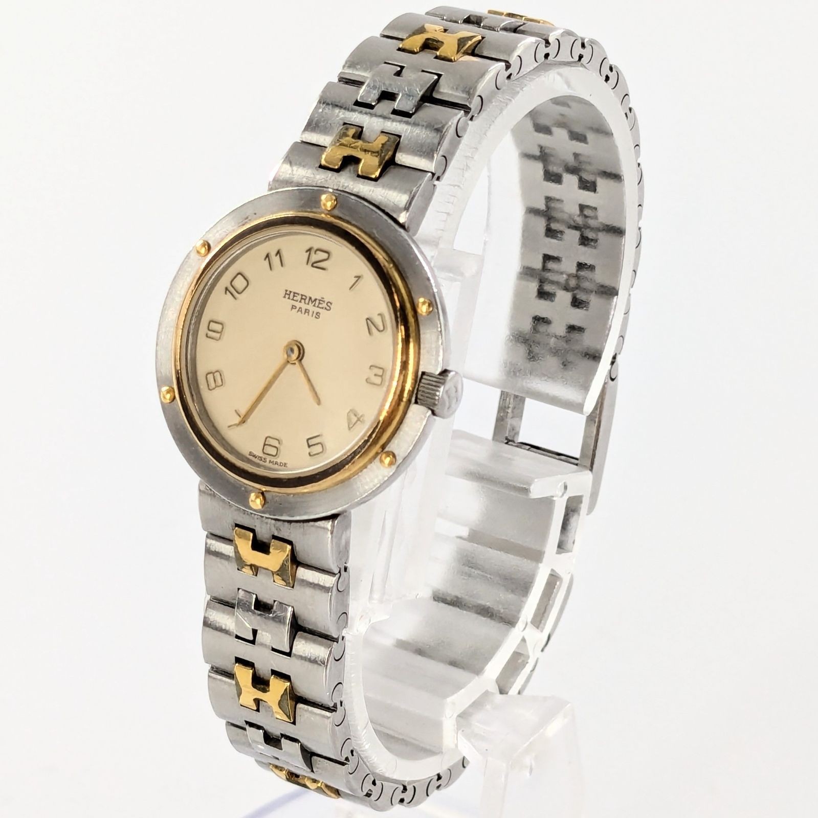 HERMES Olympia QZ SS ivory dial ladies’ wristwatch operational QG 221