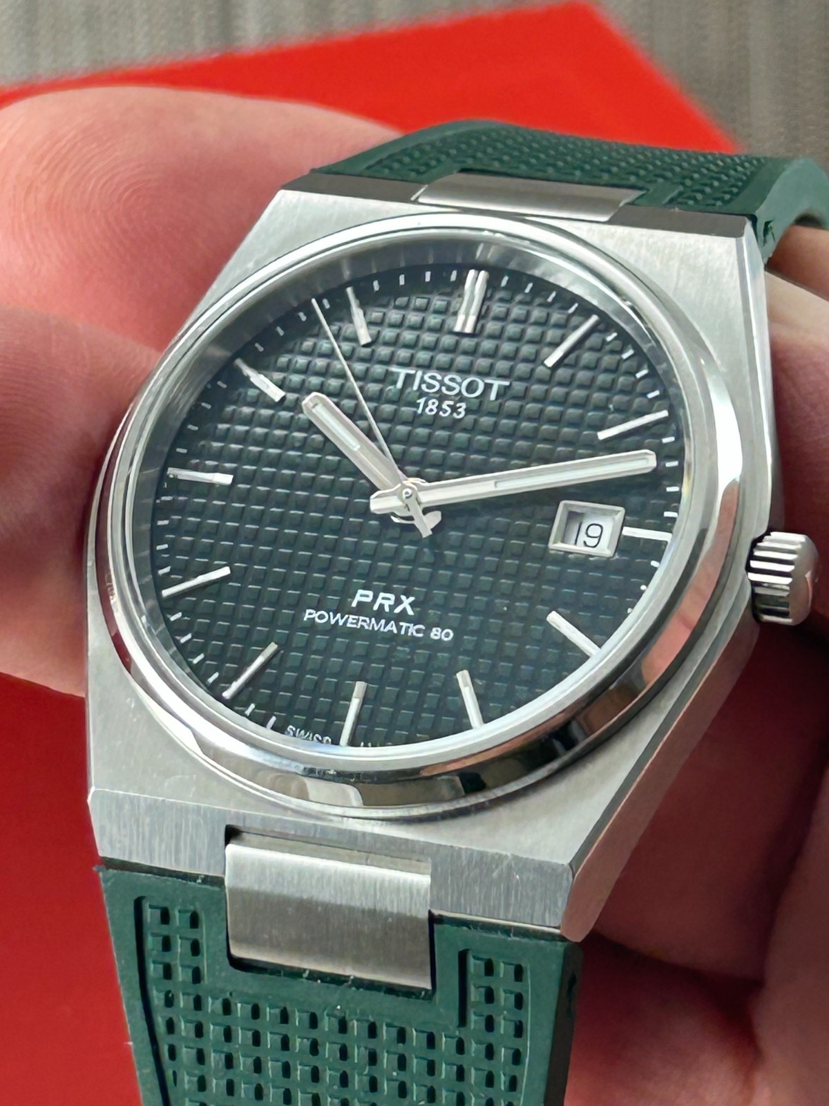 Tissot PRX Powermatic 80 Green dial 40mm T1374071109100 bracelet and FKM strap