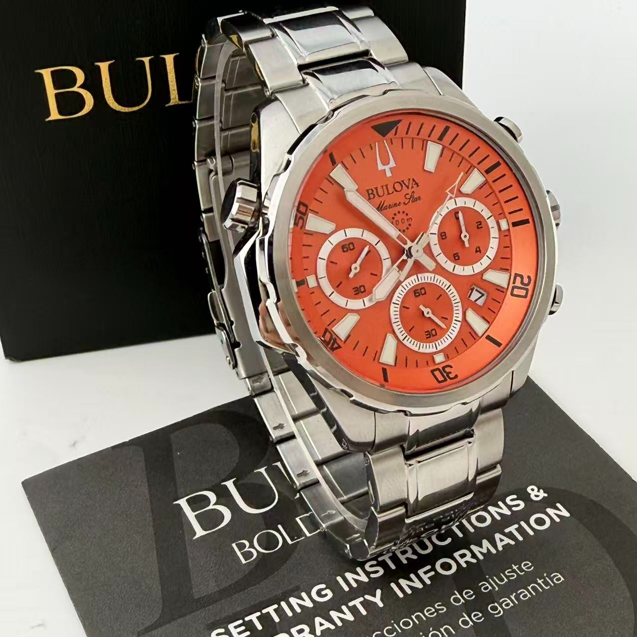 Bulova Marine Star 96B395 Men’s Chronograph Quartz Watch Orange Dial 44 mm